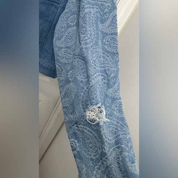 BoohooMan- Boxy Fit Paisley Spliced Denim Jacket MID BLUE-XL - Picture 7 of 9